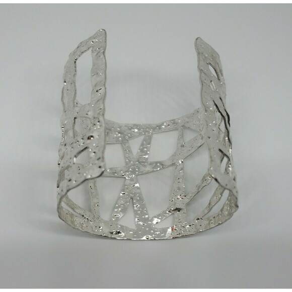 Silver Tone Cuff Bracelet Metal Geometric Cut Outs Heavy Weight Open Work - Picture 8 of 8